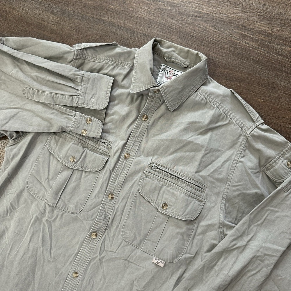 Fox Fire VTG Style Safari Outdoors‎ Utility Button Up Shirt Men's Gray Khaki